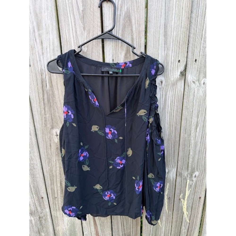 Boho Cottagecore Sanctuary Cold Shoulder Top M Black Purple Floral Ruffle Blouse